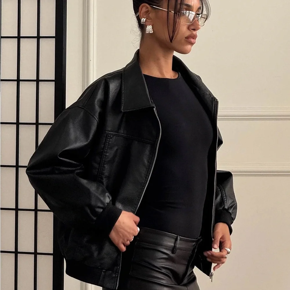 Princess Polly Goldsmith Faux Leather Bomber Jacket Black Oversized US 6 - Picture 10 of 15